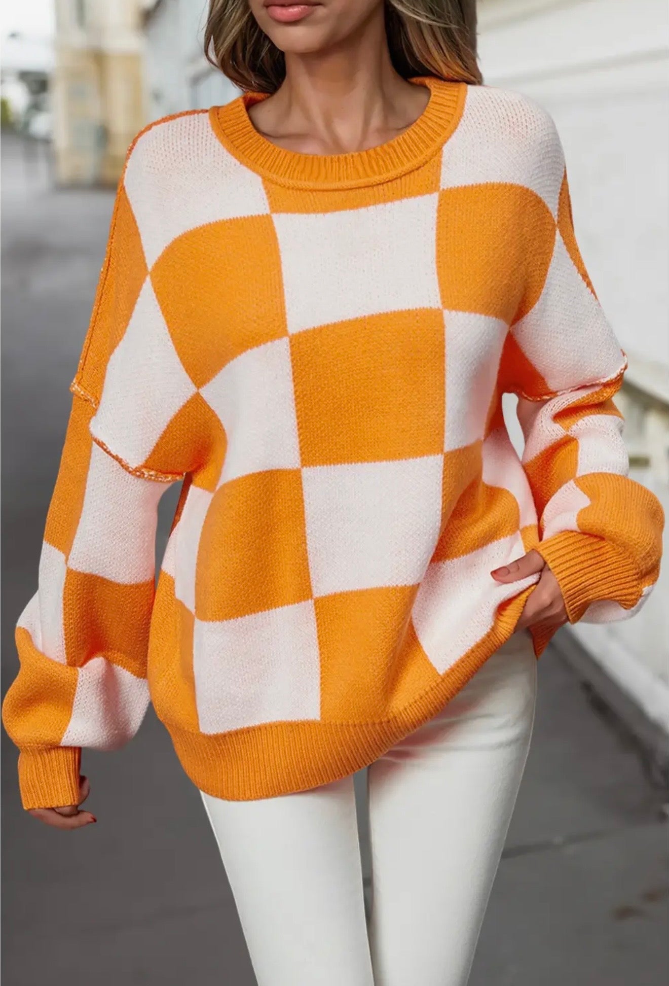 *Pre-Order* Women’s Orange & White Checkerboard Sweater